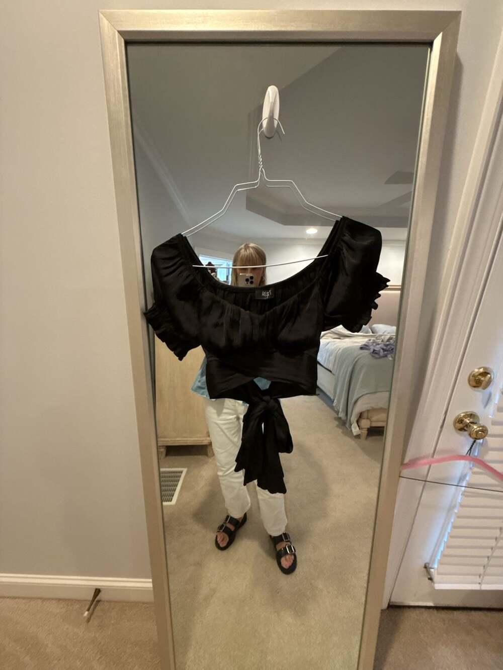 Reset Black Off-Shoulder Tie-Front Crop Top Size S